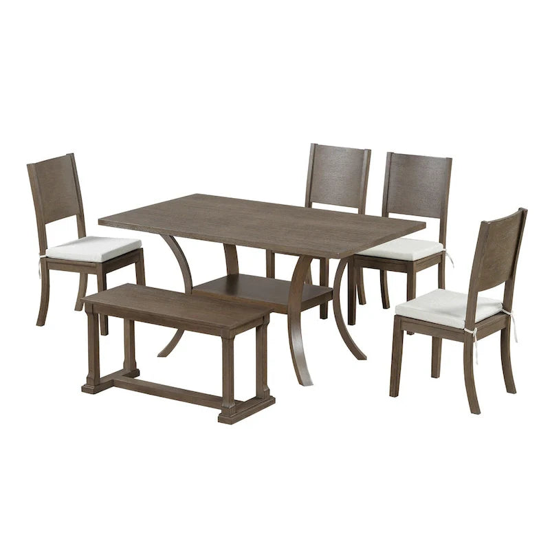 Ensemble de table à manger 6 pièces de style moderne avec 4 chaises à coussins amovibles, étagère de rangement et banc