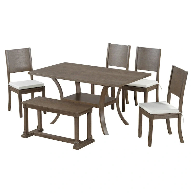 Ensemble de table à manger 6 pièces de style moderne avec 4 chaises à coussins amovibles, étagère de rangement et banc