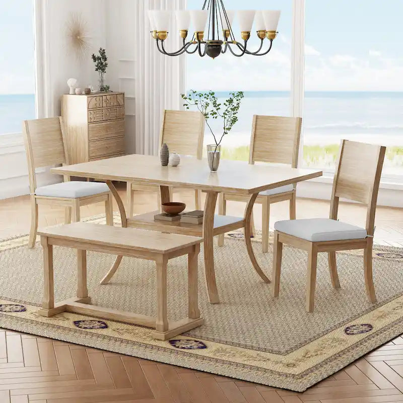 Ensemble de table à manger 6 pièces de style moderne avec 4 chaises à coussins amovibles, étagère de rangement et banc