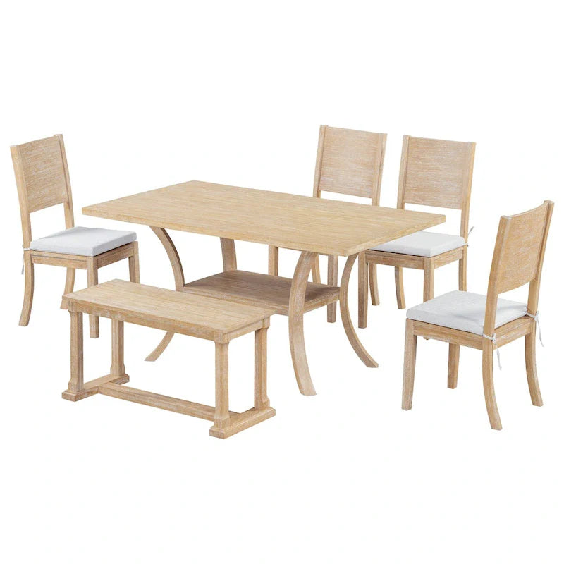 Ensemble de table à manger 6 pièces de style moderne avec 4 chaises à coussins amovibles, étagère de rangement et banc