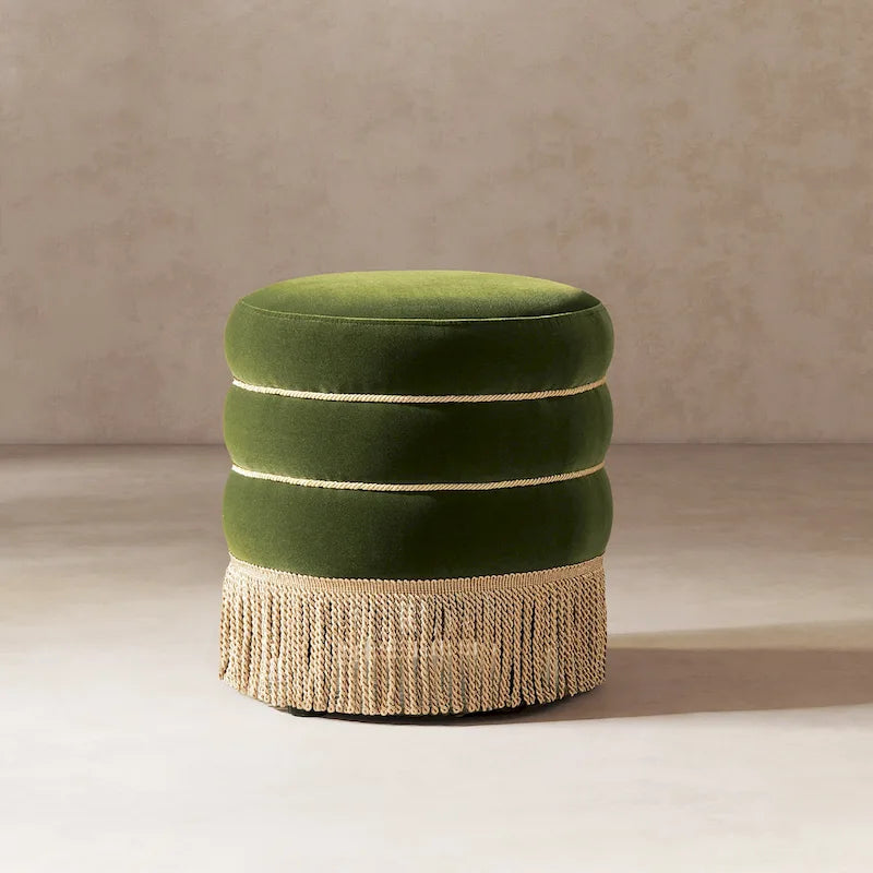 Pouf rond capitonné Edward 17,5 avec franges dorées
