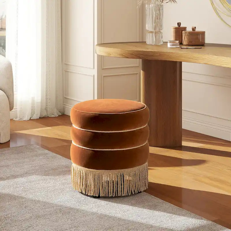 Pouf rond capitonné Edward 17,5 avec franges dorées