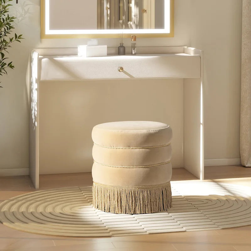 Pouf rond capitonné Edward 17,5 avec franges dorées