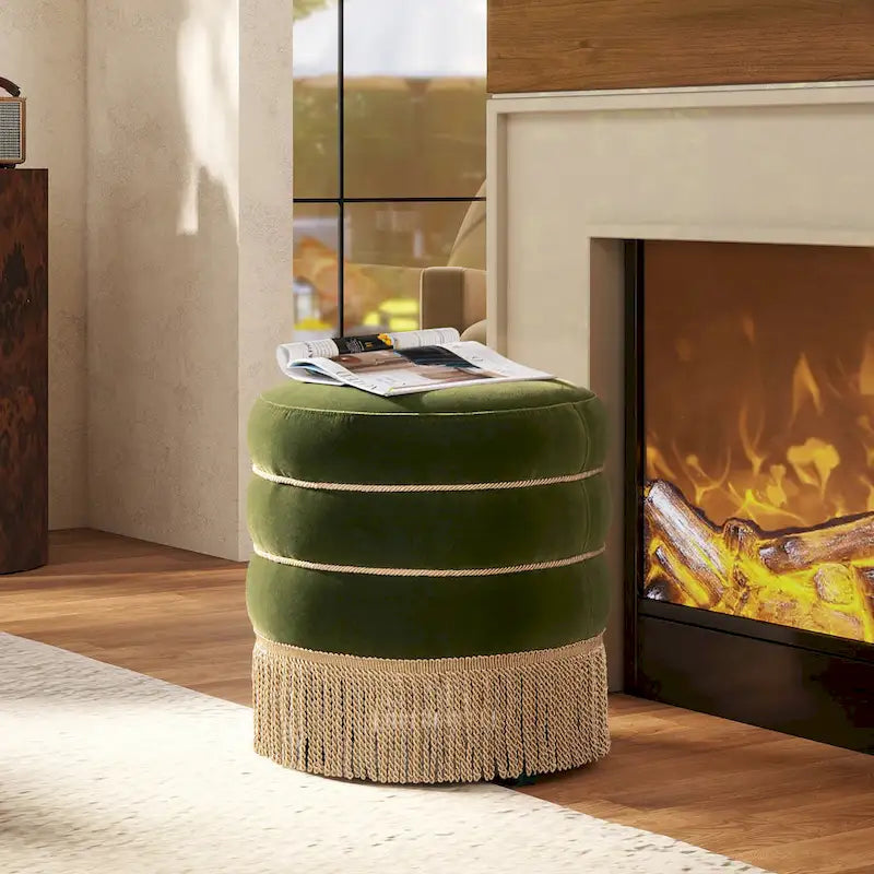 Pouf rond capitonné Edward 17,5 avec franges dorées