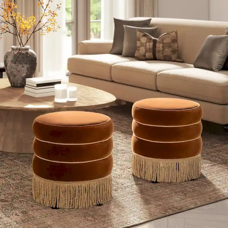 Pouf rond capitonné Edward 17,5 avec franges dorées