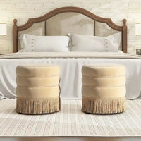Pouf rond capitonné Edward 17,5 avec franges dorées