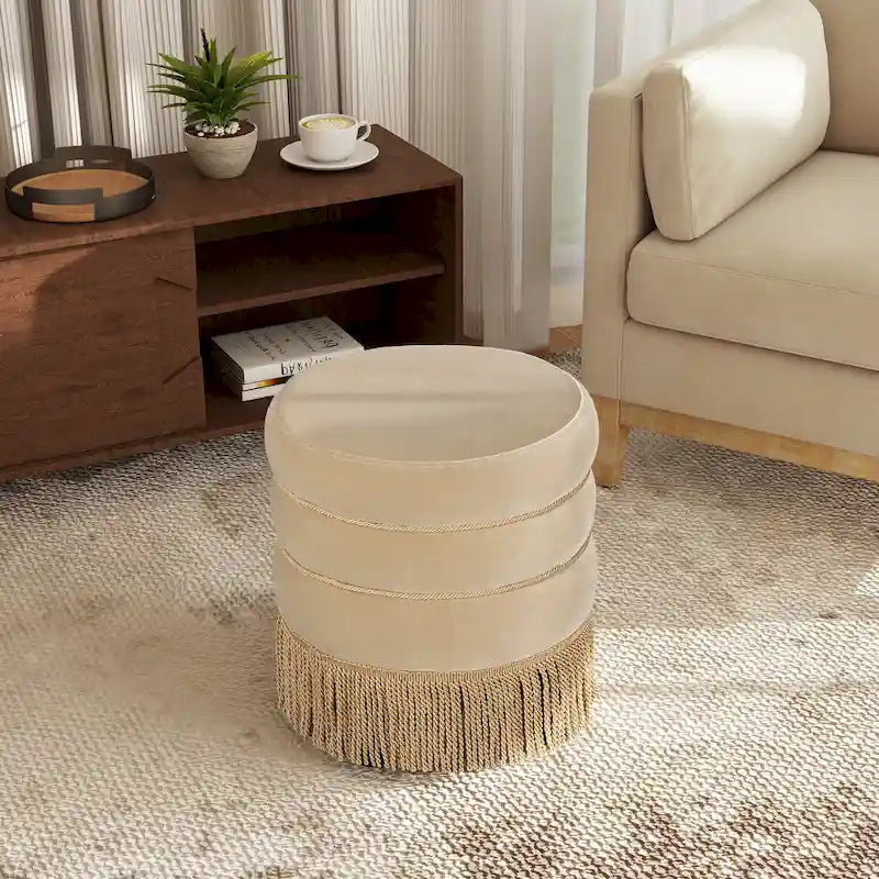 Pouf rond capitonné Edward 17,5 avec franges dorées