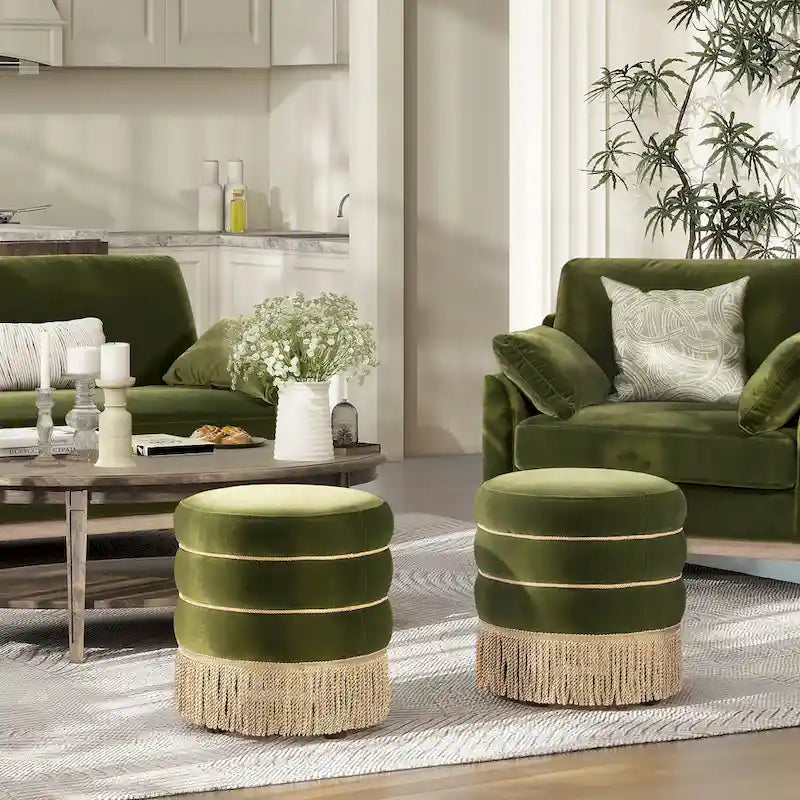 Pouf rond capitonné Edward 17,5 avec franges dorées