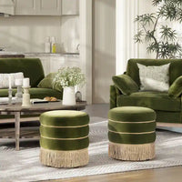Pouf rond capitonné Edward 17,5 avec franges dorées