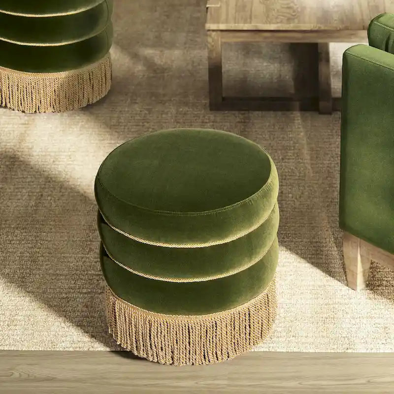Pouf rond capitonné Edward 17,5 avec franges dorées