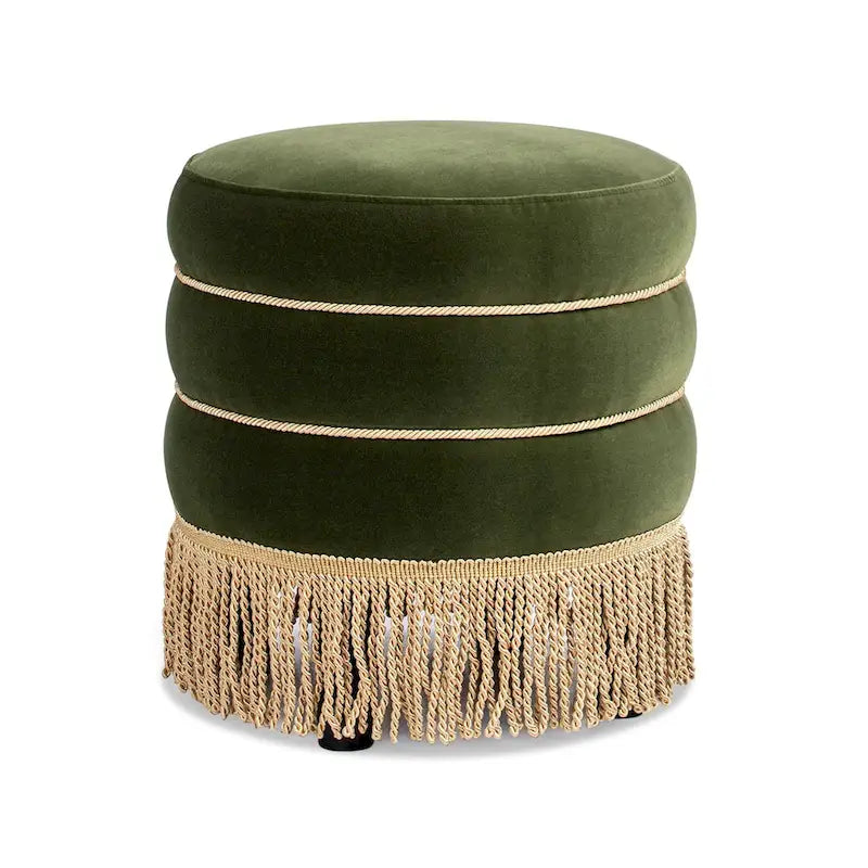 Pouf rond capitonné Edward 17,5 avec franges dorées