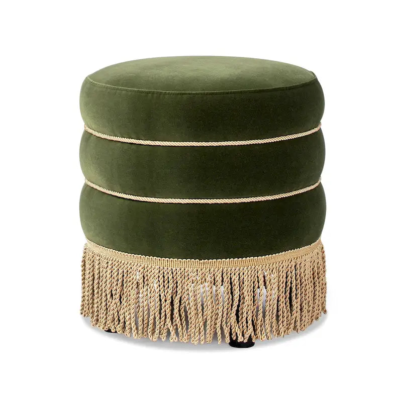 Pouf rond capitonné Edward 17,5 avec franges dorées