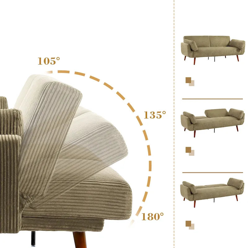 Causeuse moderne convertible en velours côtelé 73.3 L à accoudoirs évasés