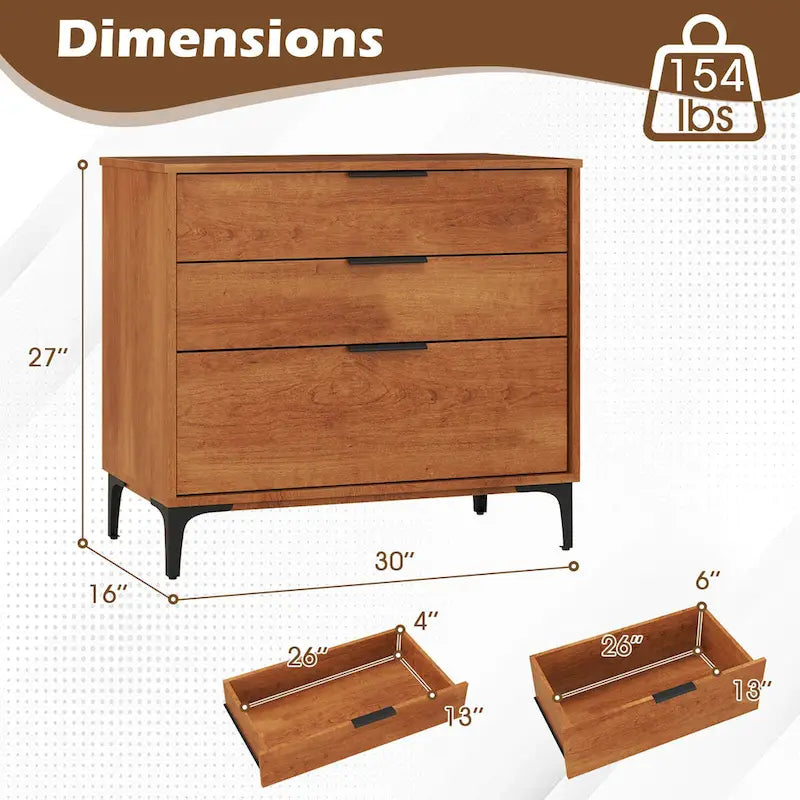 Commode Gymax à 3 tiroirs avec pieds de support en métal et kit anti-basculement pour