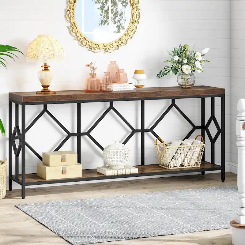 Console extra-longue 71 pouces table de canapé avec étagère de rangement ouverte, tables de canapé longues étroites table d'entrée table derrière canapé