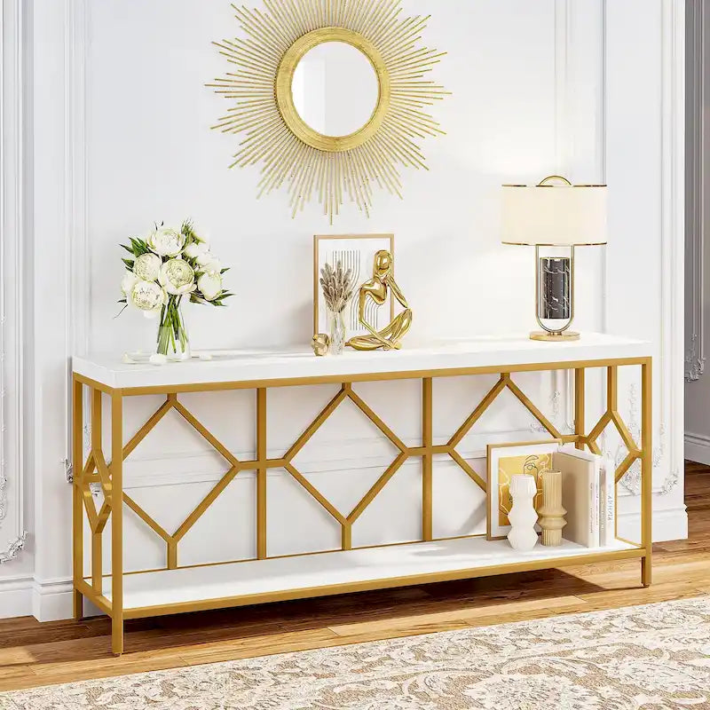 Console extra-longue 71 pouces table de canapé avec étagère de rangement ouverte, tables de canapé longues étroites table d'entrée table derrière canapé