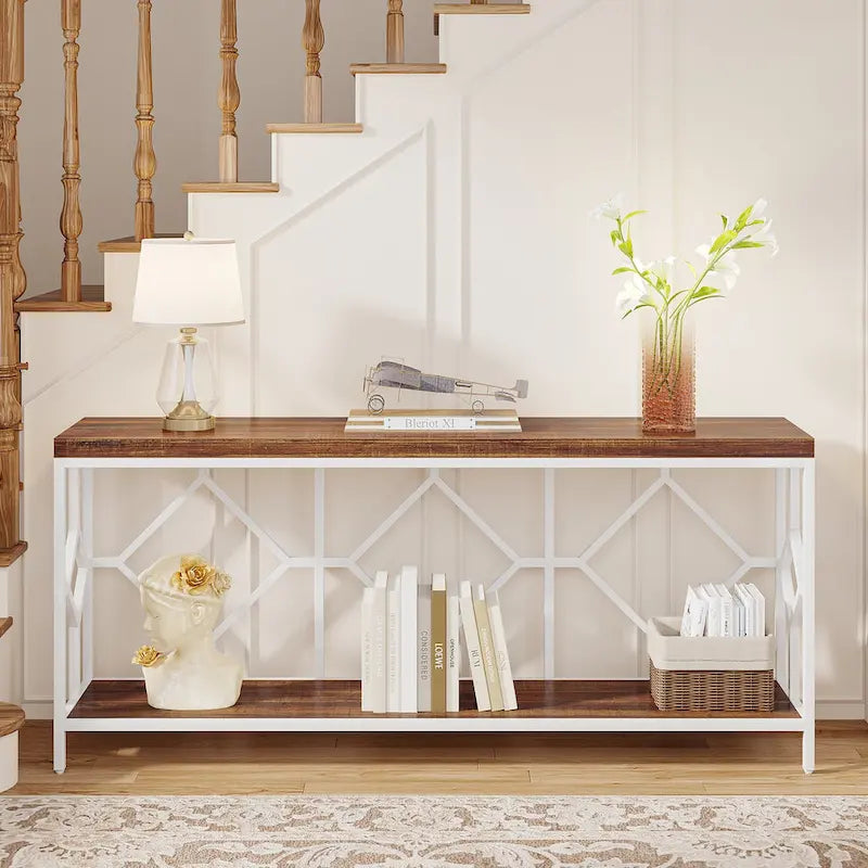 Console extra-longue 71 pouces table de canapé avec étagère de rangement ouverte, tables de canapé longues étroites table d'entrée table derrière canapé
