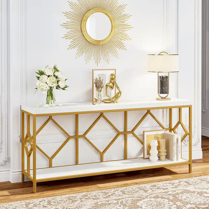 Console extra-longue 71 pouces table de canapé avec étagère de rangement ouverte, tables de canapé longues étroites table d'entrée table derrière canapé
