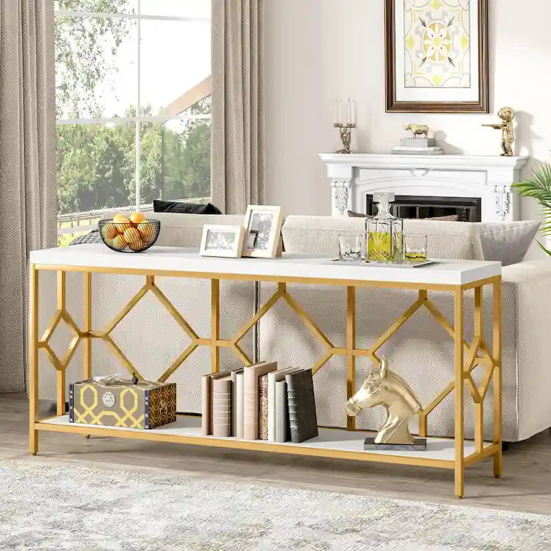 Console extra-longue 71 pouces table de canapé avec étagère de rangement ouverte, tables de canapé longues étroites table d'entrée table derrière canapé