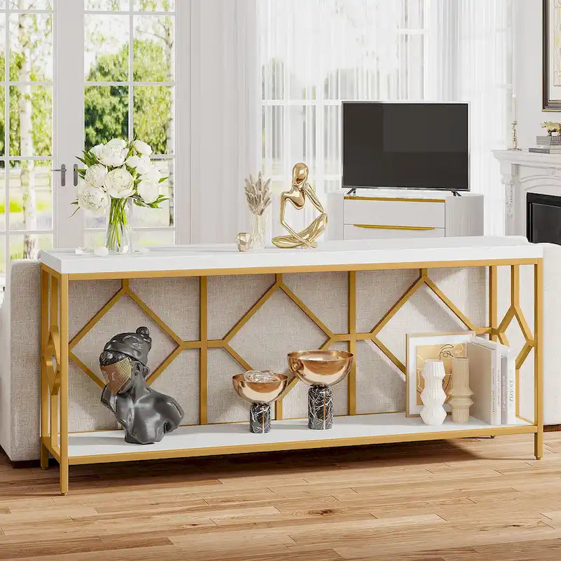 Console extra-longue 71 pouces table de canapé avec étagère de rangement ouverte, tables de canapé longues étroites table d'entrée table derrière canapé