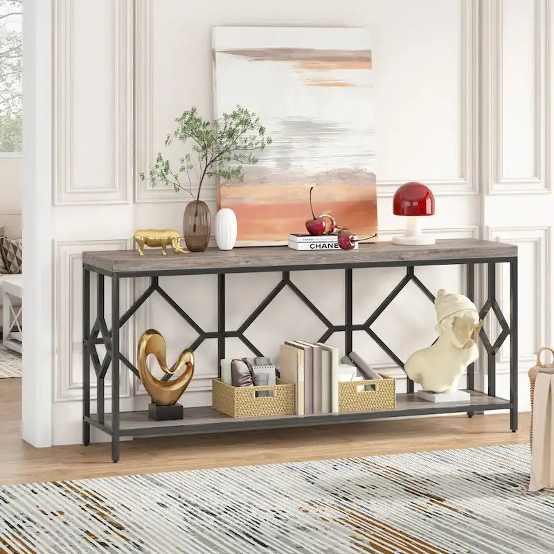 Console extra-longue 71 pouces table de canapé avec étagère de rangement ouverte, tables de canapé longues étroites table d'entrée table derrière canapé
