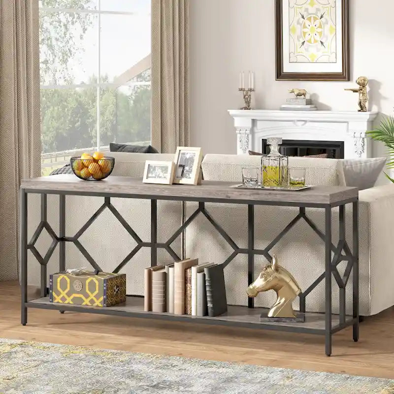 Console extra-longue 71 pouces table de canapé avec étagère de rangement ouverte, tables de canapé longues étroites table d'entrée table derrière canapé