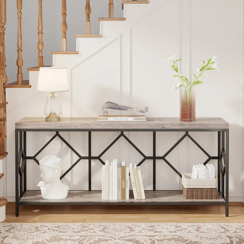 Console extra-longue 71 pouces table de canapé avec étagère de rangement ouverte, tables de canapé longues étroites table d'entrée table derrière canapé