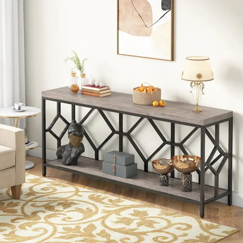 Console extra-longue 71 pouces table de canapé avec étagère de rangement ouverte, tables de canapé longues étroites table d'entrée table derrière canapé