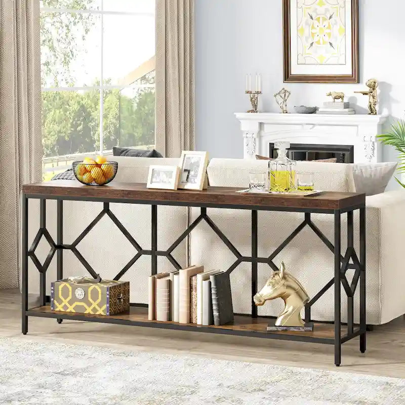 Console extra-longue 71 pouces table de canapé avec étagère de rangement ouverte, tables de canapé longues étroites table d'entrée table derrière canapé