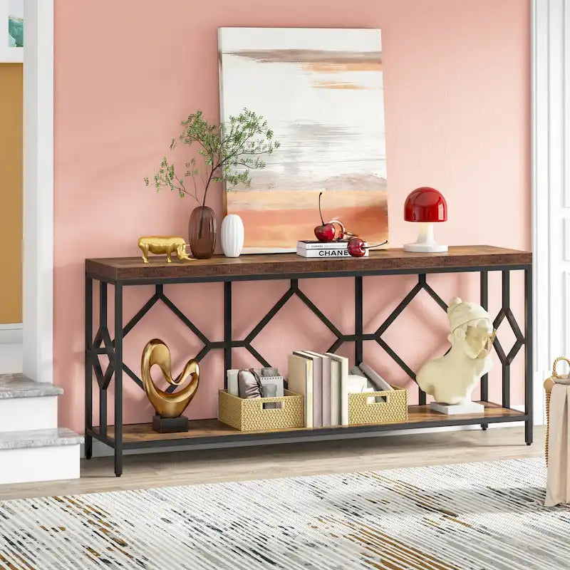 Console extra-longue 71 pouces table de canapé avec étagère de rangement ouverte, tables de canapé longues étroites table d'entrée table derrière canapé
