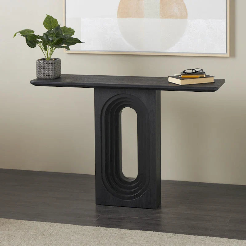 Console en bois avec base à piédestal ovale sculptée - Noir - Roche River Decor