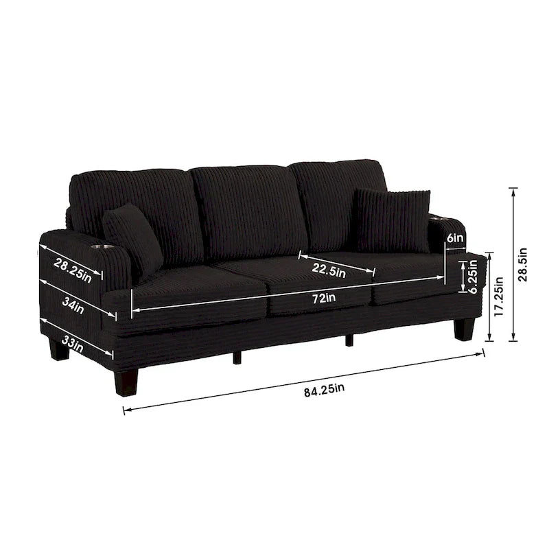 Canapé 3 places moderne en velours côtelé rectangulaire avec port USB et 2 oreillers