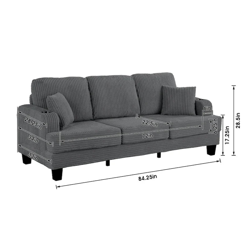 Canapé 3 places moderne en velours côtelé rectangulaire avec port USB et 2 oreillers