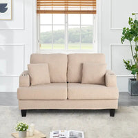 61 Petit canapé deux places beige avec 2 coussins et porte-gobelet
