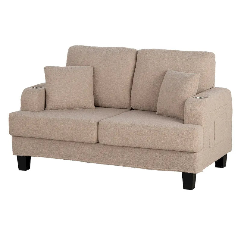 61 Petit canapé deux places beige avec 2 coussins et porte-gobelet