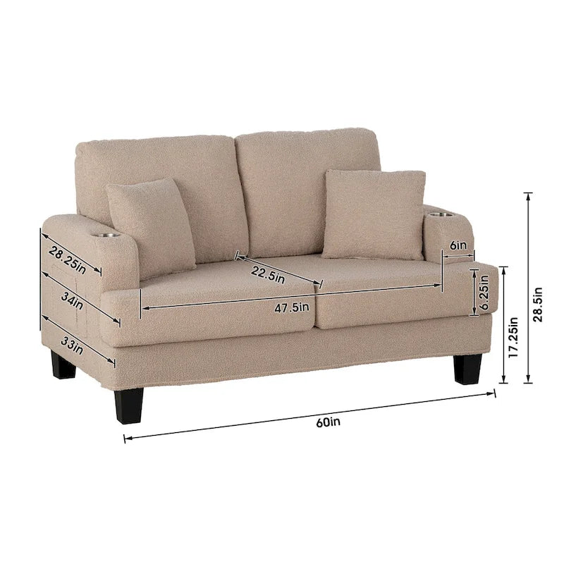 61 Petit canapé deux places beige avec 2 coussins et porte-gobelet