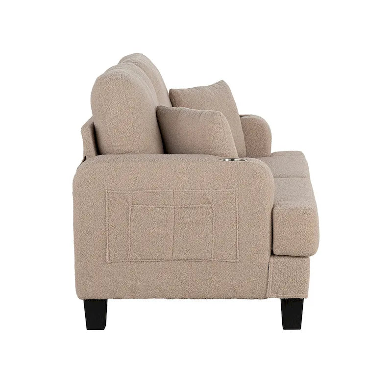 61 Petit canapé deux places beige avec 2 coussins et porte-gobelet