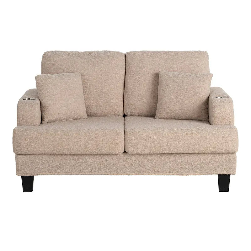 61 Petit canapé deux places beige avec 2 coussins et porte-gobelet
