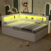 Lit plateforme rembourré avec ports USB et éclairage LED - Cadre de lit double/simple avec 2 tiroirs de rangement - Chambre à coucher moderne