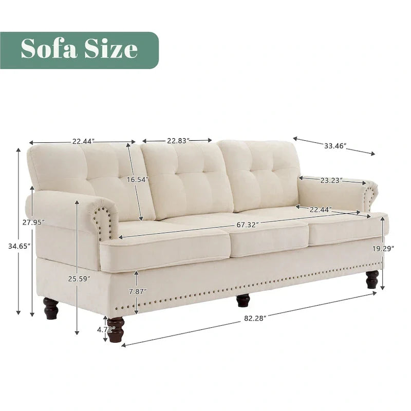 Ensemble de 3 canapés en chenille pour salon, capitonnage à boutons et clous, pieds en hévéa massif