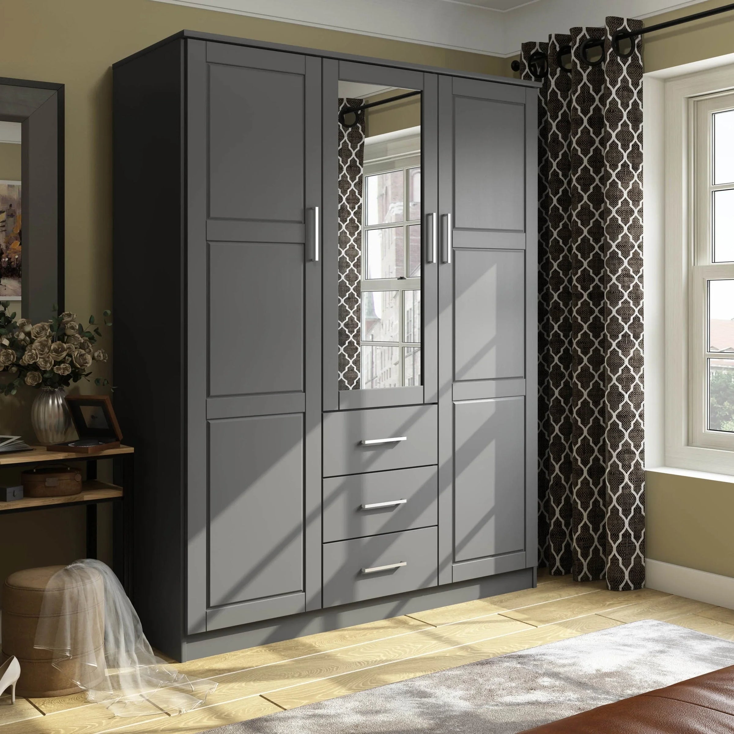 Palace Imports Armoire-penderie Cosmo 3 portes 100% bois massif avec portes en bois massif ou miroir