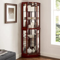 Vitrine d'angle à 6 étagères avec lumières, miroirs et étagères réglables, merisier