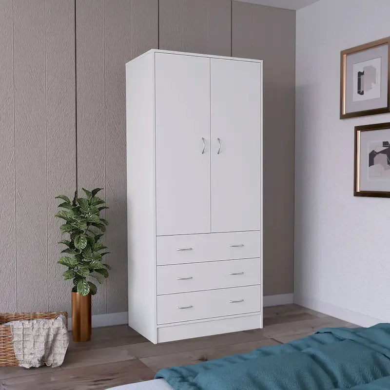 Armoire moderne à double porte 19 avec 3 tiroirs et 1 tringle de suspension pour chambre