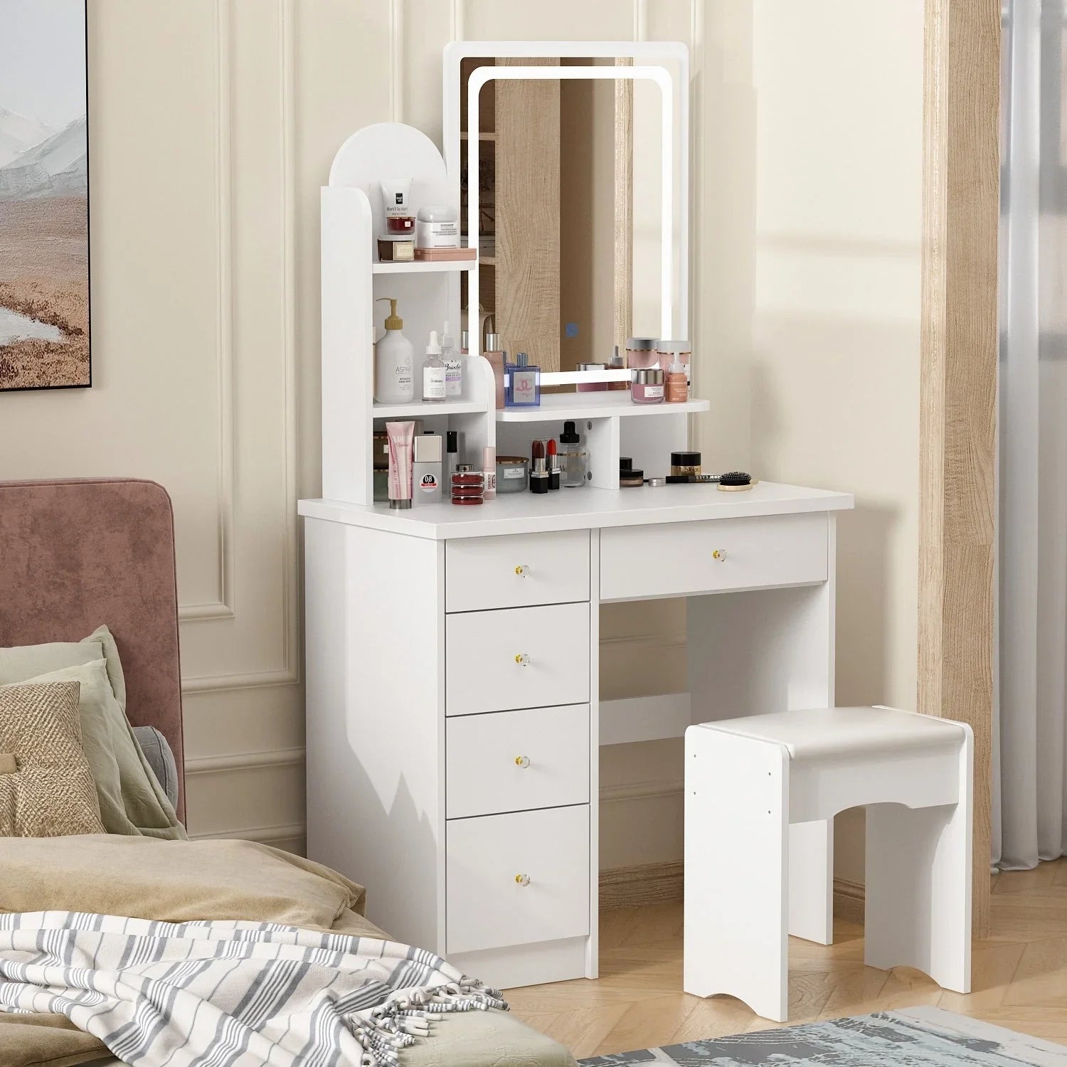 Ensemble coiffeuse table de maquillage avec lumière LED & miroir & tabouret