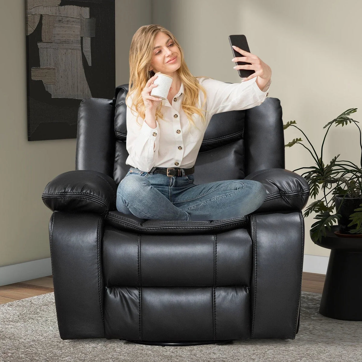 Fauteuil inclinable de massage et chaleur en cuir durable à assise large