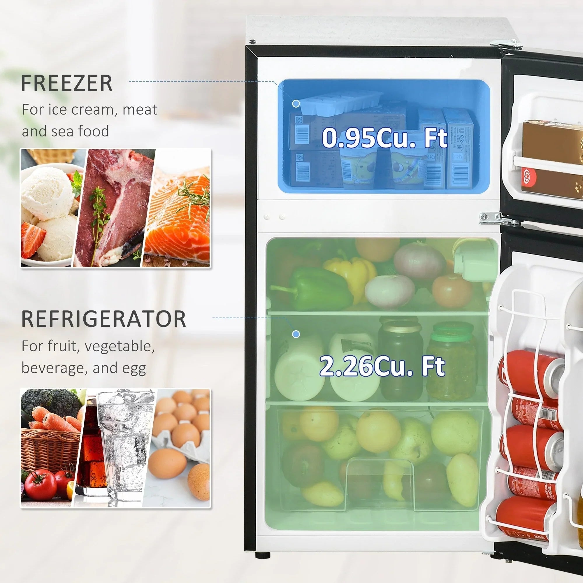 HOMCOM Mini-réfrigérateur double porte avec congélateur, réfrigérateur compact 3.2 pi³ avec étagère réglable, thermostat réglable