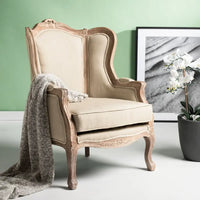 Fauteuil à oreilles Safavieh Couture Kali en chêne et lin naturel - 34 larg. x 34 prof. x 40 haut.