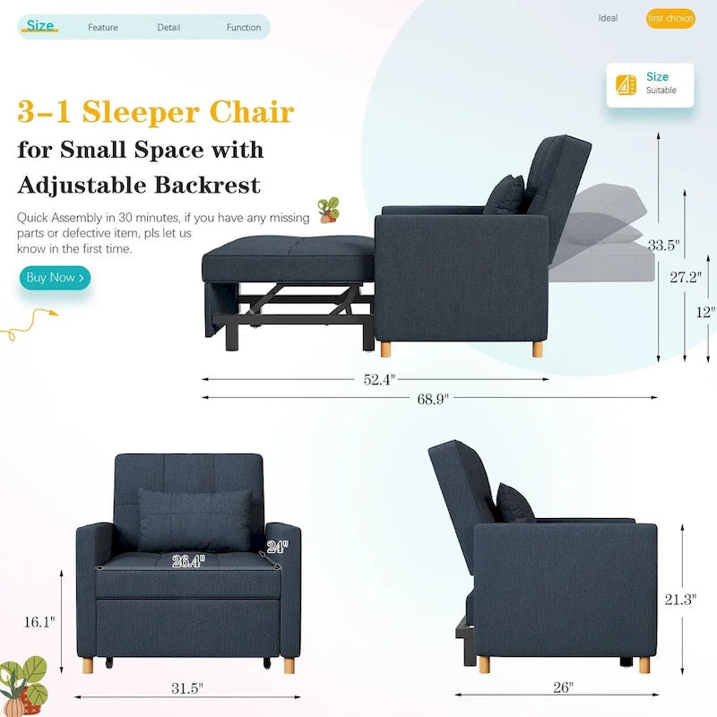 AECOJOY - Fauteuil convertible 3 en 1 avec coussin et dossier inclinable