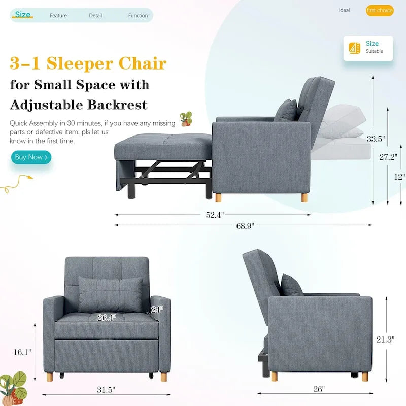 AECOJOY - Fauteuil convertible 3 en 1 avec coussin et dossier inclinable