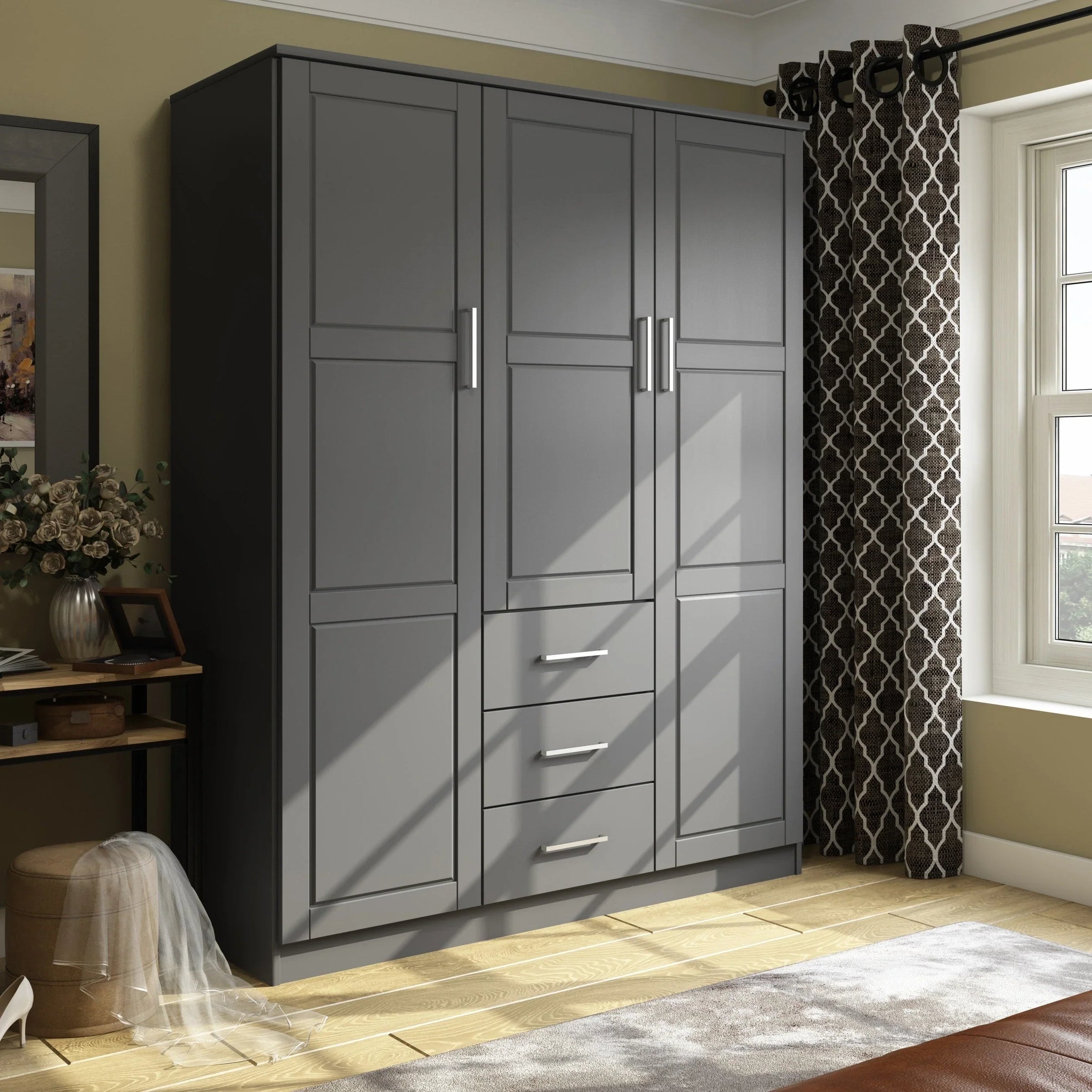 Palace Imports Armoire-penderie Cosmo 3 portes 100% bois massif avec portes en bois massif ou miroir